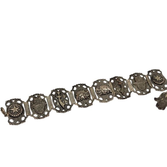 Morocco Souvenir Bracelet Hashi Hand Elephants Stars Nimcha Sword Links Vtg - Picture 5 of 10